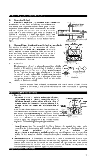 6
Method of Preparation of Colloidal Solution
(a) Dispersion Method
1. Mechanical dispersion (e.g. black ink, paint, varnish) dye
Solid material is first finely grounded by usual methods. It is
then mixed with dispersion medium which gives a coarse
suspension. The suspension is now introduced into the colloid
mill. The simplest form of colloid mill consist of two metal
discs held at a small distance apart from one another and
capable of revolving at a very high speed (about 7000
revolutions per minute) in opposite directions. The particles
are grounded down to colloidal size and are then dispersed in
liquid.
2. Electrical Dispersion (Bredig’s arc Method) (e.g. metal sol.)
This method is suitable for the preparation of colloidal
solutions of metals like gold, silver, platinum, etc. An arc is
struck between the metal electrodes under the surface of
water containing some stabilizing agent such as a trace of
KOH. The water is cooled by immersing the container in a ice
bath. The intense heat of the arc vaporizes some of the metal
which condenses under cold water.
3. Peptization
The dispersion of a freshly precipitated material into colloidal
solution by the action of an electrolyte in solution is termed
peptization, the electrolyte used is called a peptizing agent.
During Peptization, the precipitate adsorbs one of the ions of
the electrolyte on its surface. This causes the development of
positive or negative charge on precipitates, which cause
electrostatic repulsion and ultimately break up into smaller
particles of the size of a colloid.
Ex:
Freshly prepared ferric hydroxide on treatment with a small amount of ferric chloride
solution at once forms, a dark raddish brown solution. Ferric chloride acts as a peptizing
agent.
Purification of Colloidal Solutions
 Dialysis:
ialysis is a process of removing a dissolved substance
(impurities) from a colloidal solution by means of
diffusions through semipermiable which is a bag of
suitable membrane containing colloidal solution to be
purified, placed in a vessel (or continuous flow of
water).
When potential difference is applied across the membrane,
ions in the solution move faster towards opposite electrode.
This process is called electrodialysis. The colloidal solution
is placed in a bag of suitable membrane while pure water is
taken outside. Electrodes are fitted in the compartment as
shown in figure. The ions present in the colloidal solution
migrate out towards the oppositely charged electrodes.

Ultra–filtration: Such filter are called ultrafilters. However, the pores of filter paper can be
reduced in size by impregnating with colloidion solution to stop the flow of colloidal particles.
The usual colloidion is a 4 % solution of
nitro–cellulose in a mixture of alcohol and ether. An ultra–filter paper may be prepared by
soaking the filter paper in a colloidal solution, hardening by formaldehyde and then finally drying
it.
 Ultracentrifugation: In this method, the impure sol is taken in a tube which is placed in an
ultracentrifuge. In this machine, the tube is rotated at a very high speed. As a result, the colloidal
particles settle down at the bottom of the tube whereas the crystalloids and other soluble
impurities remain in the solution. This solution is decanted off and the colloid particles are
remixed with the dispersion medium to give the pure colloidal sol.
Properties of Colloidal Solution
Colloidalmill
 