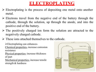 ELECTROPLATING
 Electroplating is the process of depositing one metal onto another
metal.
 Electrons travel from the negative end of the battery through the
cathode, through the solution, up through the anode, and into the
positive end of the battery.
 The positively charged ion form the solution are attracted to the
negatively charged cathode.
 These ions attached themselves to the cathode.
Electroplating can enhances-
Chemical properties- increase corrosion
resistance
Physical properties- increase thickness
of part
Mechanical properties- increase tensile
strength & hardness
 