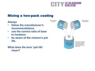 Mixing a two-pack coating
Always
• follow the manufacturer’s
recommendations
• use the correct ratio of base
to hardener
• be aware of the mixture’s pot
life.
What does the term ‘pot life’
mean?
 