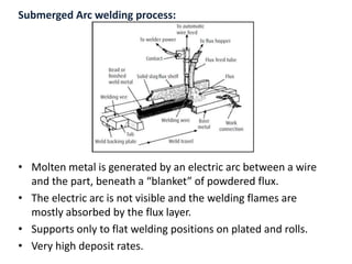 Submerged Arc welding process:
• Molten metal is generated by an electric arc between a wire
and the part, beneath a “blanket” of powdered flux.
• The electric arc is not visible and the welding flames are
mostly absorbed by the flux layer.
• Supports only to flat welding positions on plated and rolls.
• Very high deposit rates.
 