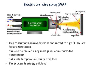 Electric arc wire spray(WAP)
• Two consumable wire electrodes connected to high DC source
for arc generation
• Can also be carried using inert gases or in controlled
atmosphere
• Substrate temperature can be very low
• The process is energy efficient
 