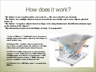 How does it work?
• T Surface is not a touch-sensitive screen device… T screen itself is not electronic.
   he                                                he
• T Surface uses multiple infrared cameras beneath the screen/
   he                                                         table top to sense objects, physical
touch, etc.
• T Surface “recognizes objects based on shape or by using domino-style identification (domino tags)
   he
on the bottom of the objects.”
• T information is processed and displayed using “rear projection”.
   his



  (1) Screen: Diffuser -> ”multitouch" screen. Can process
  multiple inputs and recognize objects by their shapes or
  coded "domino" tags.

  (2) Infrared: The ”machine vision" is aimed at the
  screen. Once an object touches the tabletop -> the light
  reflects back and is picked up by infrared cameras.

  (3) CP Uses similar components as current desktop
        U:
  computers -> Core 2 Duo processor, 2GB of RAM and a
  256M graphics card. W
       B                  ireless communication -> W i iF
  and Bluetooth antennas (future -> RF   ID). Operating
  system -> modified version of M  icrosoft Vista.

  (4) Projector: Uses a DL light engine ( rear-projection
                          P
  H Vs).
   DT
 
