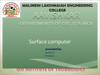 Surface computer
      presented by
      Hyndavi.D
      Mrudula.K
 