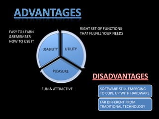 FUN & ATTRACTIVE
RIGHT SET OF FUNCTIONS
THAT FULFILL YOUR NEEDSEASY TO LEARN
&REMEMBER
HOW TO USE IT
SOFTWARE STILL EMERGING
TO COPE UP WITH HARDWARE
FAR DIFFERENT FROM
TRADITIONAL TECHNOLOGY
 