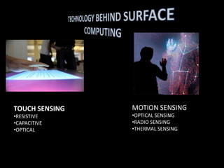 TOUCH SENSING
•RESISTIVE
•CAPACITIVE
•OPTICAL
MOTION SENSING
•OPTICAL SENSING
•RADIO SENSING
•THERMAL SENSING
 