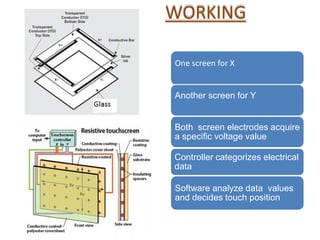 WORKING
One screen for X
Another screen for Y
Both screen electrodes acquire
a specific voltage value
Controller categorizes electrical
data
Software analyze data values
and decides touch position
 