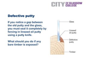 Defective putty
If you notice a gap between
the old putty and the glass,
you must seal it completely by
forcing in linseed oil putty
using a putty knife.
What should you do if any
bare timber is exposed?
 