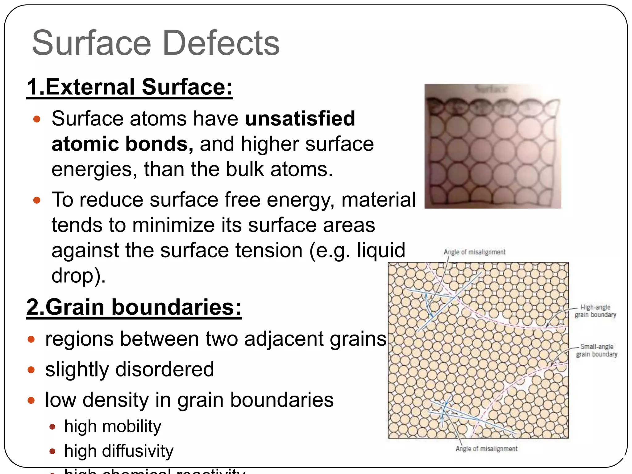 Surface Defects
1.External Surface:
Surface atoms have unsatisfied
atomic bonds, and higher surface
energies, than the bulk atoms.
To reduce surface free energy, material
tends to minimize its surface areas
against the surface tension (e.g. liquid
drop).
2.Grain boundaries:
regions between two adjacent grains
slightly disordered
low density in grain boundaries
high mobility
high diffusivity