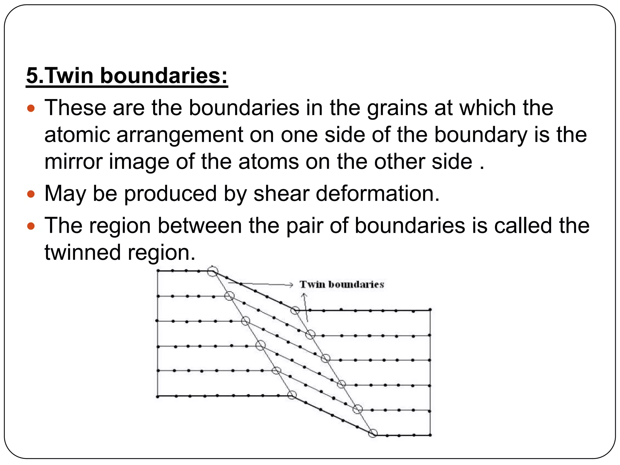 5.Twin boundaries:
These are the boundaries in the grains at which the
atomic arrangement on one side of the boundary is the
mirror image of the atoms on the other side .
May be produced by shear deformation.
The region between the pair of boundaries is called the
twinned region.