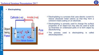 ParalaMaharajaEngineeringCollege
Technical Seminar Presentation 2017
 Electroplating:
 Electroplating is a process that uses electric current to
reduce dissolved metal cations so that they form a
coherent metal coating on an electrode.
 Electroplating is primarily used to change the surface
properties of an object but may also be used to build
up thickness on undersized parts or to form object by
electroforming
 The process used is electroplating is called
electrodeposition.
 