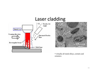 Laser cladding
14
• virtually all metal alloys, cermets and
ceramics.
 