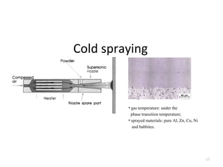 Cold spraying
17
• gas temperature: under the
phase transition temperature;
• sprayed materials: pure Al, Zn, Cu, Ni
and babbites.
 
