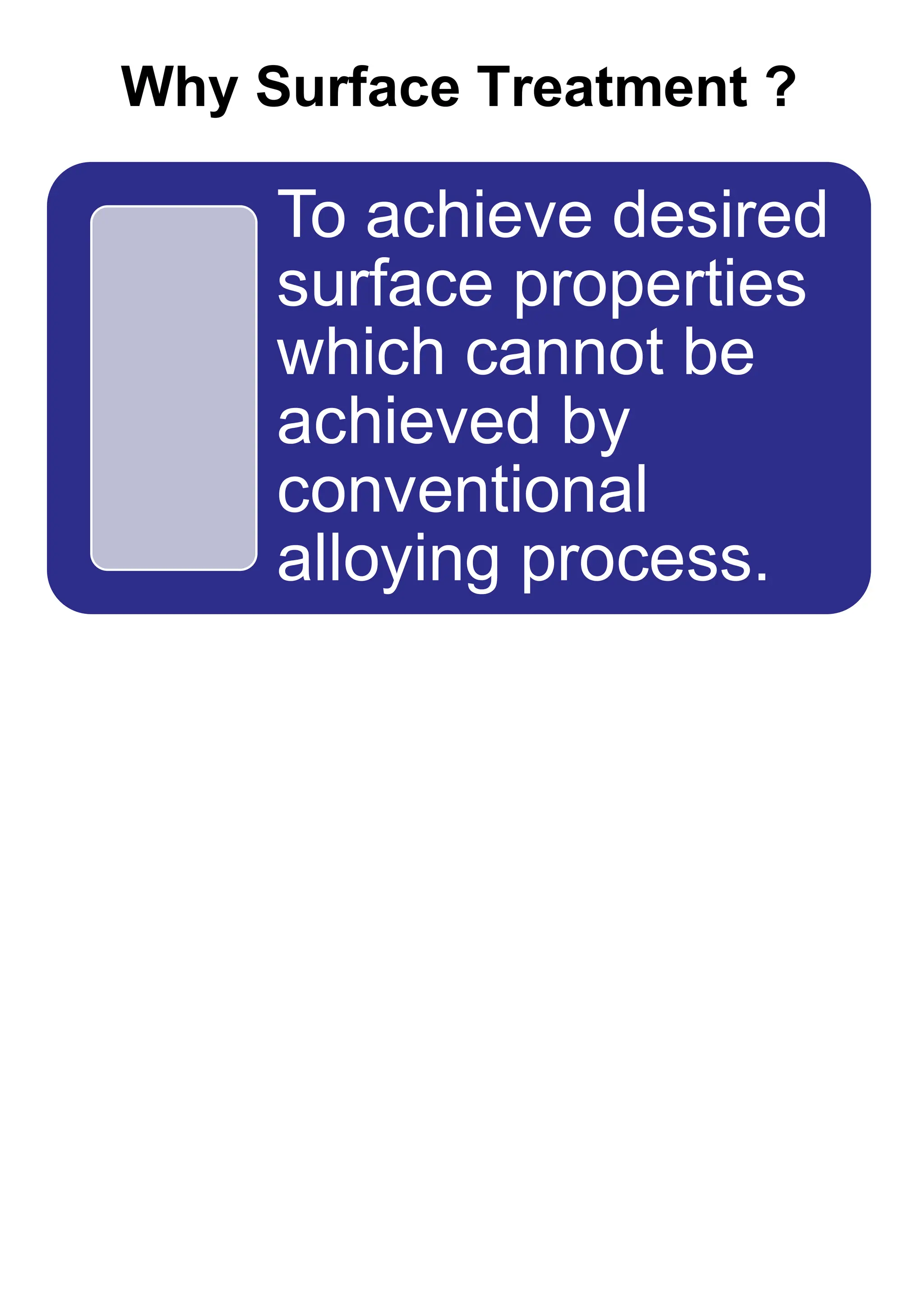 Why Surface Treatment ?
To achieve desired
surface properties
which cannot be
achieved by
conventional
alloying process.
 
