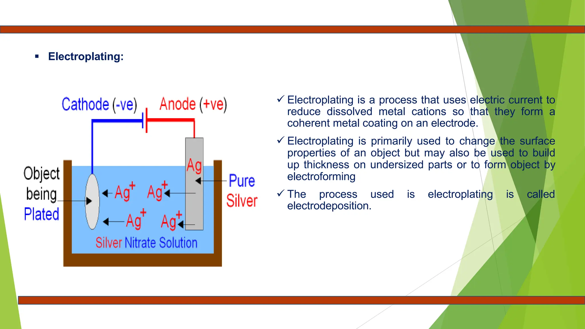  Electroplating:
 Electroplating is a process that uses electric current to
reduce dissolved metal cations so that they form a
coherent metal coating on an electrode.
 Electroplating is primarily used to change the surface
properties of an object but may also be used to build
up thickness on undersized parts or to form object by
electroforming
 The process used is electroplating is called
electrodeposition.
 
