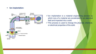  Ion implantation:
 Ion implantation is a material engineering process by
which ions of a material are accelerated in an electrical
field and impacted into a solid.
 This process is used to change the physical, chemical,
or electrical properties of the solid.
 