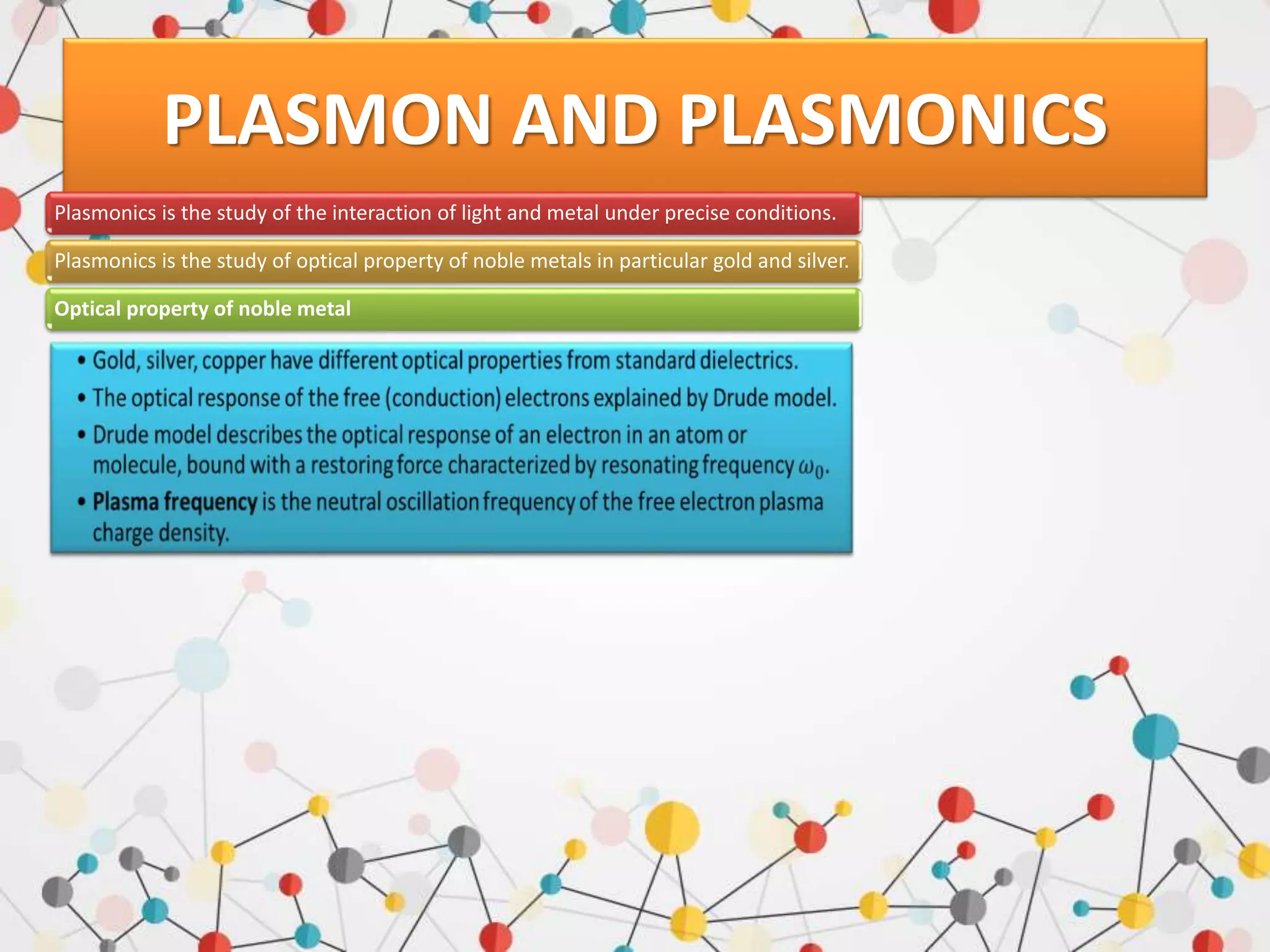 PLASMON AND PLASMONICS
Plasmonics is the study of the interaction of light and metal under precise conditions.
Plasmonics is the study of optical property of noble metals in particular gold and silver.
Optical property of noble metal
 