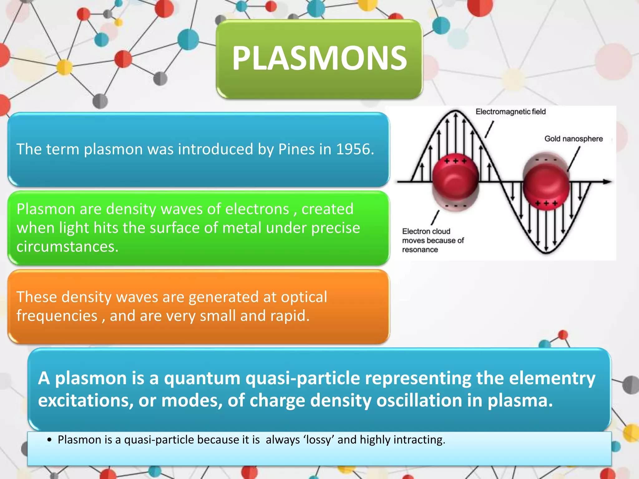 PLASMONS
The term plasmon was introduced by Pines in 1956.
Plasmon are density waves of electrons , created
when light hits the surface of metal under precise
circumstances.
These density waves are generated at optical
frequencies , and are very small and rapid.
A plasmon is a quantum quasi-particle representing the elementry
excitations, or modes, of charge density oscillation in plasma.
• Plasmon is a quasi-particle because it is always ‘lossy’ and highly intracting.
 