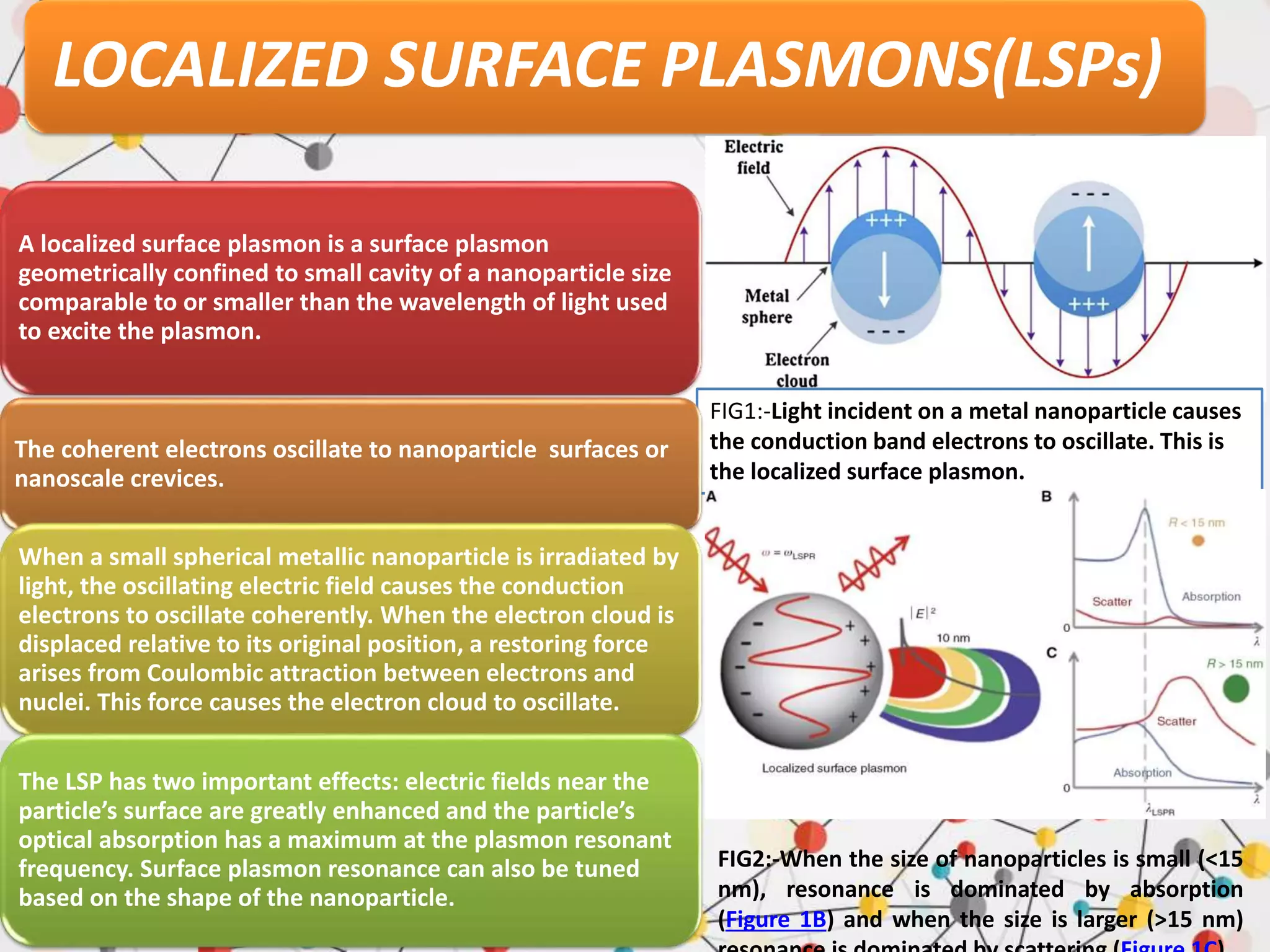 LOCALIZED SURFACE PLASMONS(LSPs)
FIG1:-Light incident on a metal nanoparticle causes
the conduction band electrons to oscillate. This is
the localized surface plasmon.
A localized surface plasmon is a surface plasmon
geometrically confined to small cavity of a nanoparticle size
comparable to or smaller than the wavelength of light used
to excite the plasmon.
The coherent electrons oscillate to nanoparticle surfaces or
nanoscale crevices.
When a small spherical metallic nanoparticle is irradiated by
light, the oscillating electric field causes the conduction
electrons to oscillate coherently. When the electron cloud is
displaced relative to its original position, a restoring force
arises from Coulombic attraction between electrons and
nuclei. This force causes the electron cloud to oscillate.
The LSP has two important effects: electric fields near the
particle’s surface are greatly enhanced and the particle’s
optical absorption has a maximum at the plasmon resonant
frequency. Surface plasmon resonance can also be tuned
based on the shape of the nanoparticle.
FIG2:-When the size of nanoparticles is small (<15
nm), resonance is dominated by absorption
(Figure 1B) and when the size is larger (>15 nm)
 