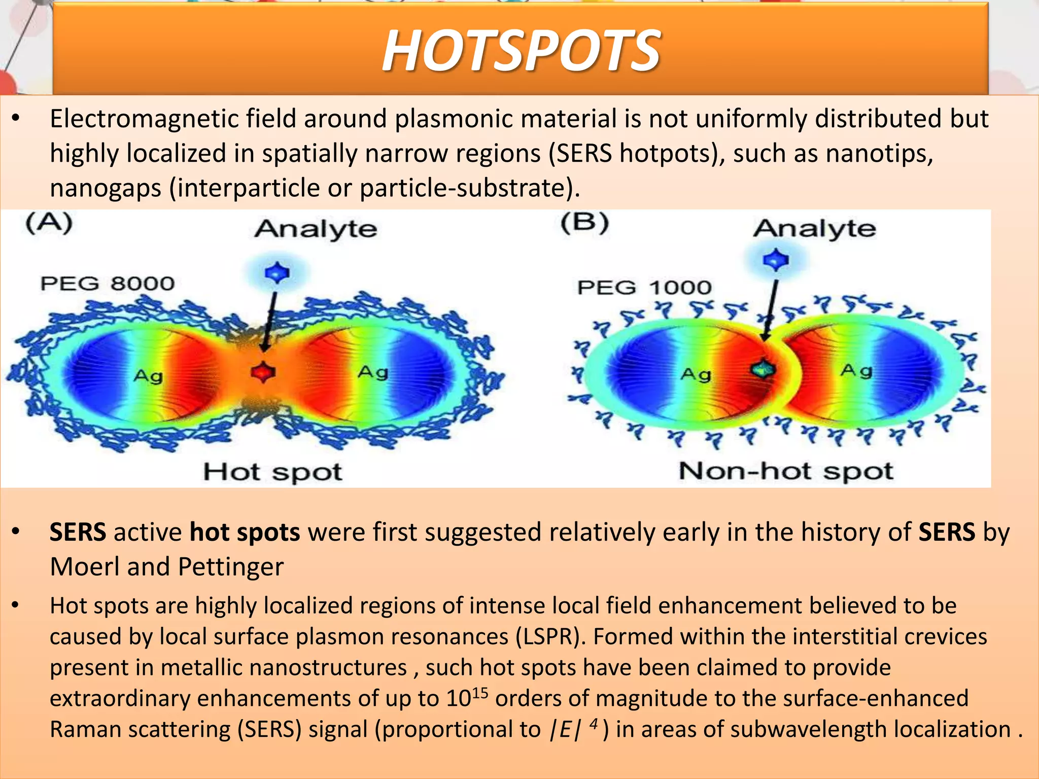 HOTSPOTS
• Electromagnetic field around plasmonic material is not uniformly distributed but
highly localized in spatially narrow regions (SERS hotpots), such as nanotips,
nanogaps (interparticle or particle-substrate).
• SERS active hot spots were first suggested relatively early in the history of SERS by
Moerl and Pettinger
• Hot spots are highly localized regions of intense local field enhancement believed to be
caused by local surface plasmon resonances (LSPR). Formed within the interstitial crevices
present in metallic nanostructures , such hot spots have been claimed to provide
extraordinary enhancements of up to 1015 orders of magnitude to the surface-enhanced
Raman scattering (SERS) signal (proportional to |E| 4 ) in areas of subwavelength localization .
 