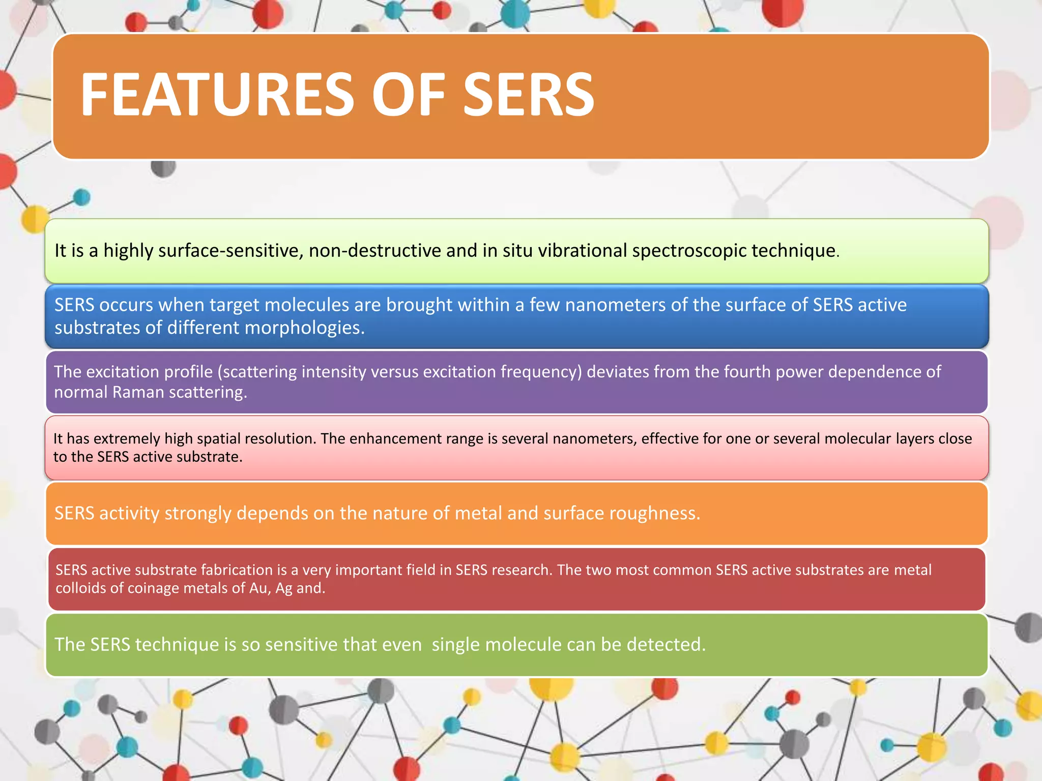 FEATURES OF SERS
It is a highly surface-sensitive, non-destructive and in situ vibrational spectroscopic technique.
SERS occurs when target molecules are brought within a few nanometers of the surface of SERS active
substrates of different morphologies.
The excitation profile (scattering intensity versus excitation frequency) deviates from the fourth power dependence of
normal Raman scattering.
It has extremely high spatial resolution. The enhancement range is several nanometers, effective for one or several molecular layers close
to the SERS active substrate.
SERS activity strongly depends on the nature of metal and surface roughness.
SERS active substrate fabrication is a very important field in SERS research. The two most common SERS active substrates are metal
colloids of coinage metals of Au, Ag and.
The SERS technique is so sensitive that even single molecule can be detected.
 