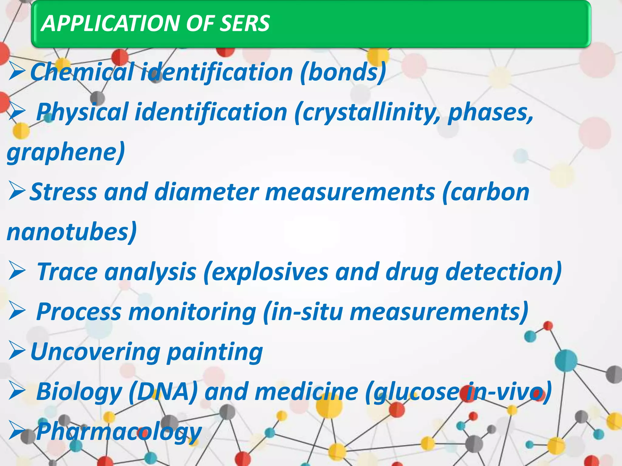 APPLICATION OF SERS
Chemical identification (bonds)
 Physical identification (crystallinity, phases,
graphene)
Stress and diameter measurements (carbon
nanotubes)
 Trace analysis (explosives and drug detection)
 Process monitoring (in-situ measurements)
Uncovering painting
 Biology (DNA) and medicine (glucose in-vivo)
 Pharmacology
 