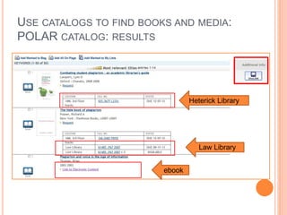 USE CATALOGS TO FIND BOOKS AND MEDIA: 
POLAR CATALOG: RESULTS 
ebook 
Heterick Library 
Law Library 
 