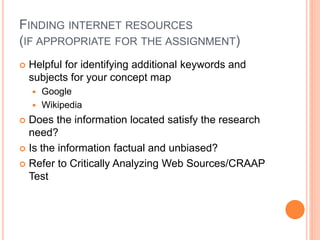 FINDING INTERNET RESOURCES 
(IF APPROPRIATE FOR THE ASSIGNMENT) 
 Helpful for identifying additional keywords and 
subjects for your concept map 
 Google 
 Wikipedia 
 Does the information located satisfy the research 
need? 
 Is the information factual and unbiased? 
 Refer to Critically Analyzing Web Sources/CRAAP 
Test 
 
