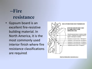 –Fire
resistance
• Gypsum board is an
excellent fire-resistive
building material. In
North America, it is the
most commonly used
interior finish where fire
resistance classifications
are required.
 