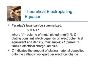 Theoretical Electroplating
Equation
 Faraday’s laws can be summarized:
V = C I t
where V = volume of metal plated, mm3
(in3
); C =
plating constant which depends on electrochemical
equivalent and density, mm3
/amp s;‑ I t (current x
time) = electrical charge, amps-s
 C indicates the amount of plating material deposited
onto the cathodic workpart per electrical charge
 