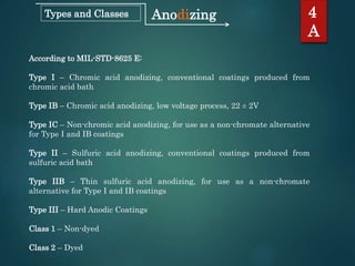 According to MIL-STD-8625 E:
Type I – Chromic acid anodizing, conventional coatings produced from
chromic acid bath
Type IB – Chromic acid anodizing, low voltage process, 22 ± 2V
Type IC – Non-chromic acid anodizing, for use as a non-chromate alternative
for Type I and IB coatings
Type II – Sulfuric acid anodizing, conventional coatings produced from
sulfuric acid bath
Type IIB – Thin sulfuric acid anodizing, for use as a non-chromate
alternative for Type I and IB coatings
Type III – Hard Anodic Coatings
Class 1 – Non-dyed
Class 2 – Dyed
4
A
AnodizingTypes and Classes
 