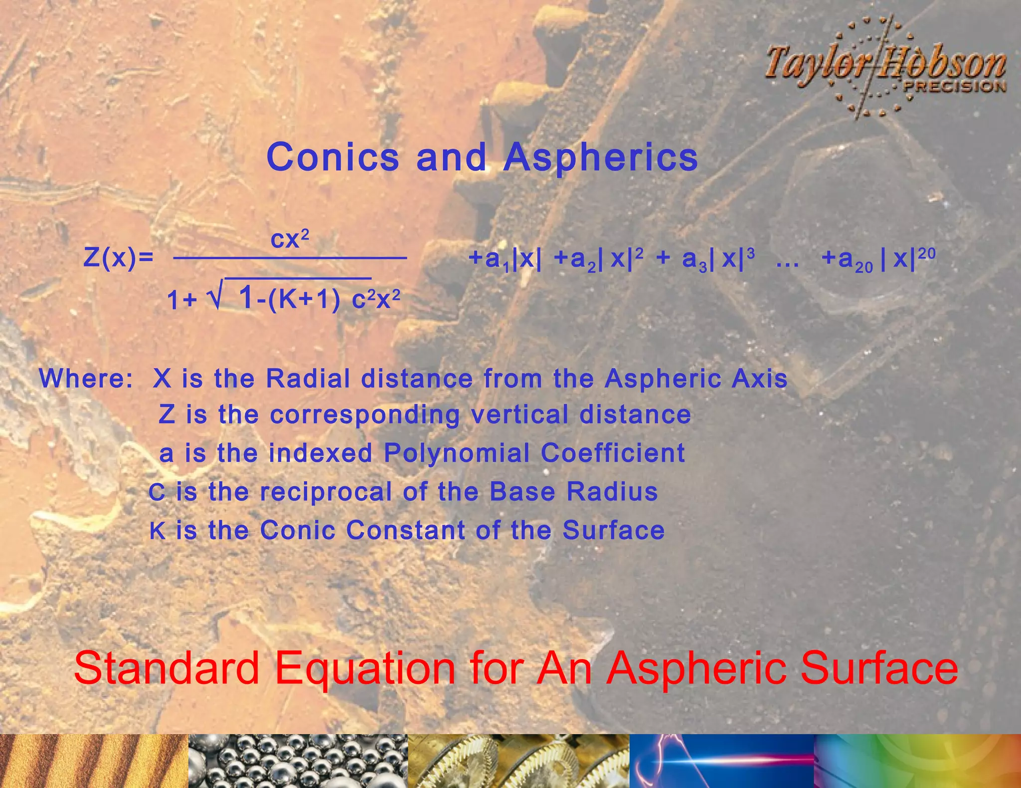 Conics and Aspherics
cx 2

Z(x)=
1+

√ 1 -(K+1) c 2 x 2

+a 1 |x| +a 2 | x| 2 + a 3 | x| 3 … +a 20 | x| 20

Where: X is the Radial distance from the Aspheric Axis
Z is the corresponding vertical distance
a is the indexed Polynomial Coefficient
C is the reciprocal of the Base Radius
K is the Conic Constant of the Surface

Standard Equation for An Aspheric Surface

 