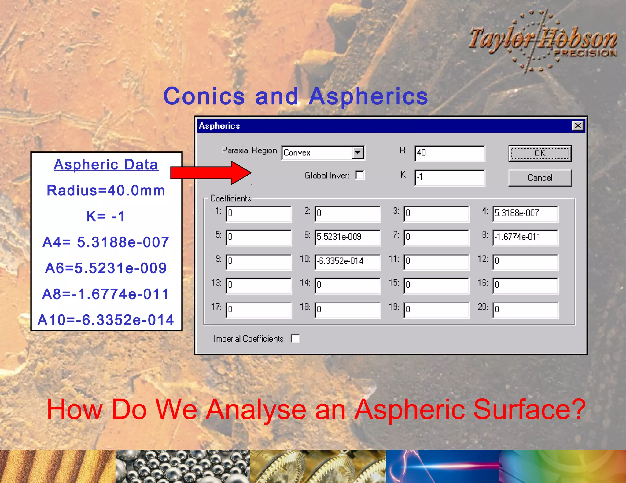 Conics and Aspherics
Aspheric Data
Radius=40.0mm
K= -1
A4= 5.3188e-007
A6=5.5231e-009
A8=-1.6774e-011
A10=-6.3352e-014

How Do We Analyse an Aspheric Surface?

 