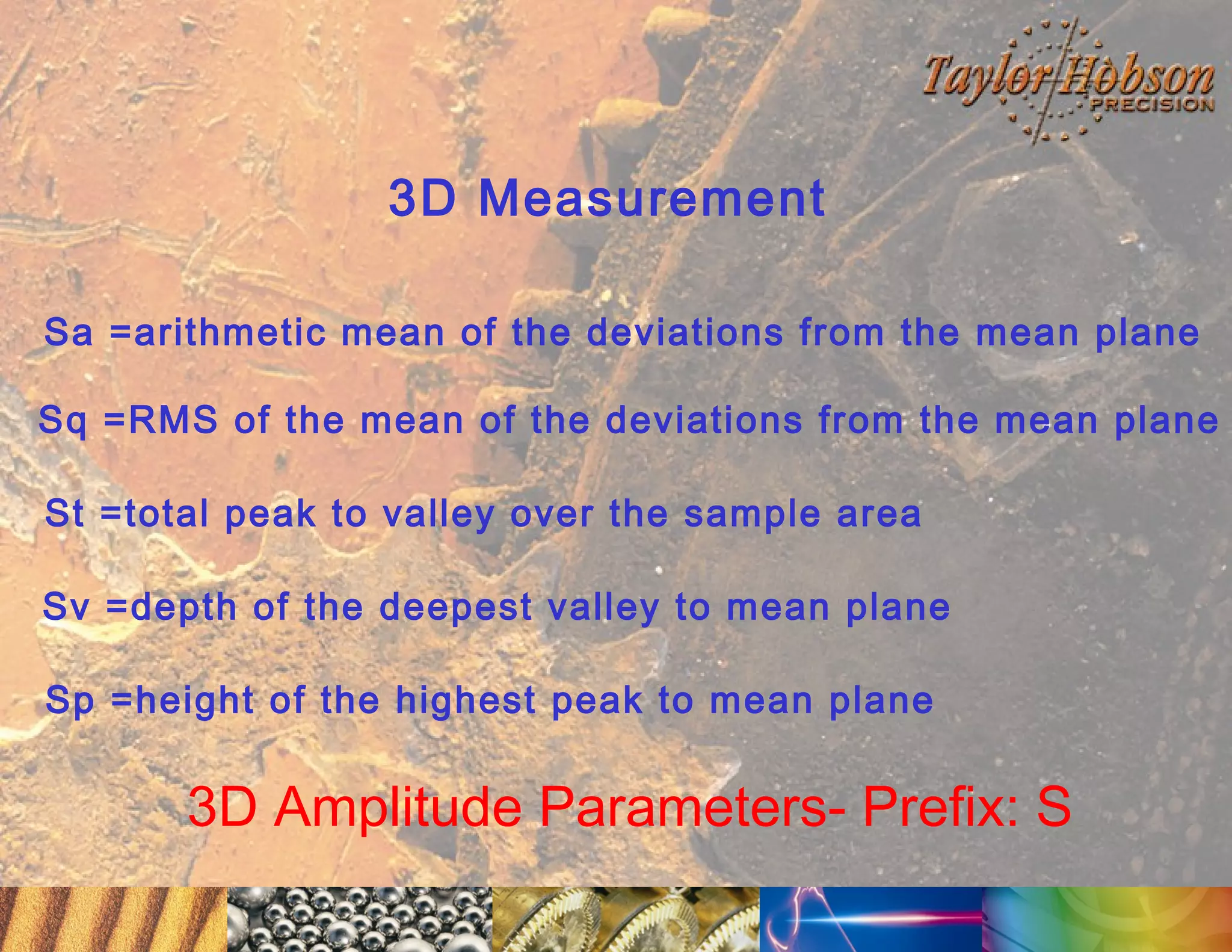 3D Measurement
Sa =arithmetic mean of the deviations from the mean plane
Sq =RMS of the mean of the deviations from the mean plane
St =total peak to valley over the sample area
Sv =depth of the deepest valley to mean plane
Sp =height of the highest peak to mean plane

3D Amplitude Parameters- Prefix: S

 