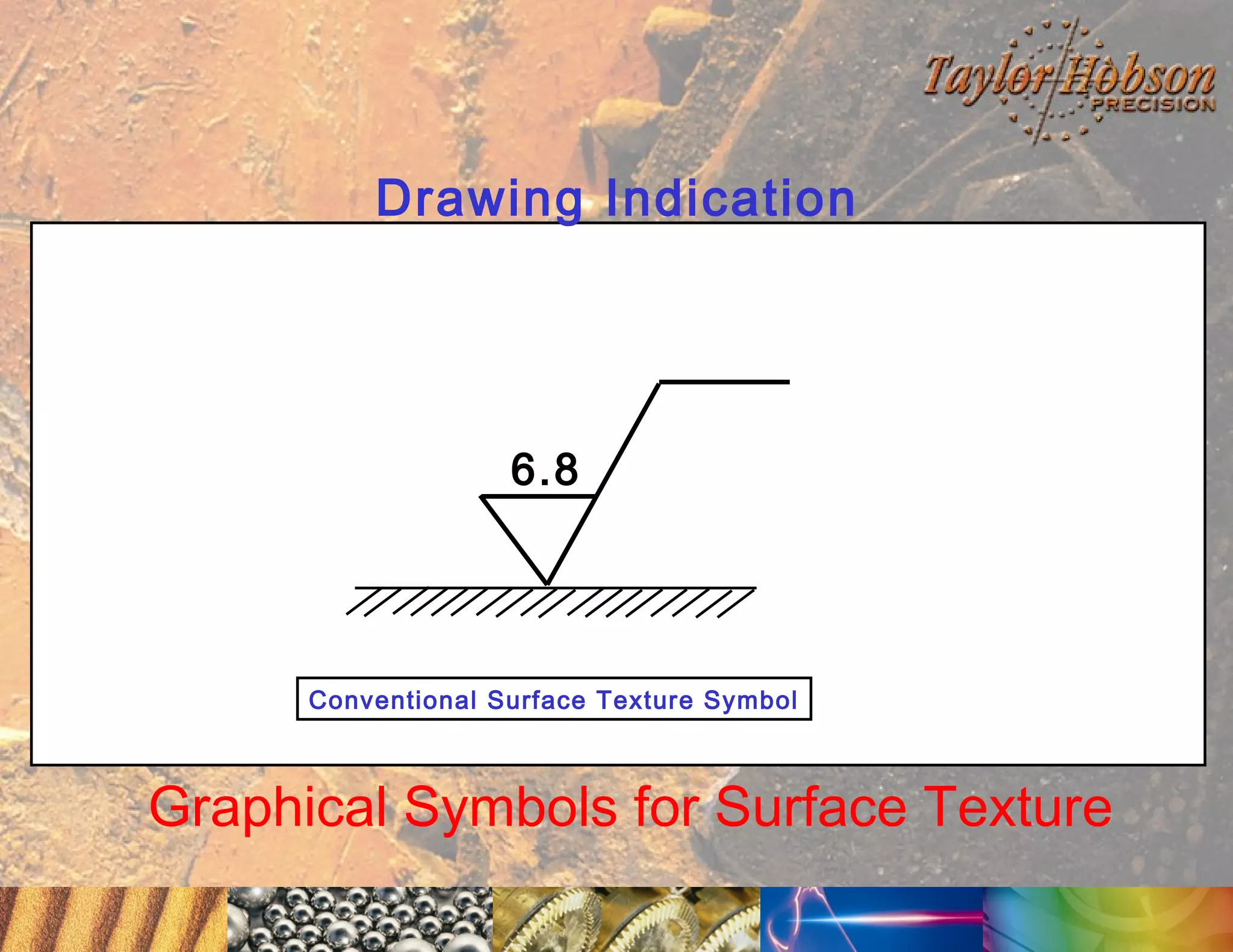 Drawing Indication

6.8

Conventional Surface Texture Symbol

Graphical Symbols for Surface Texture

 