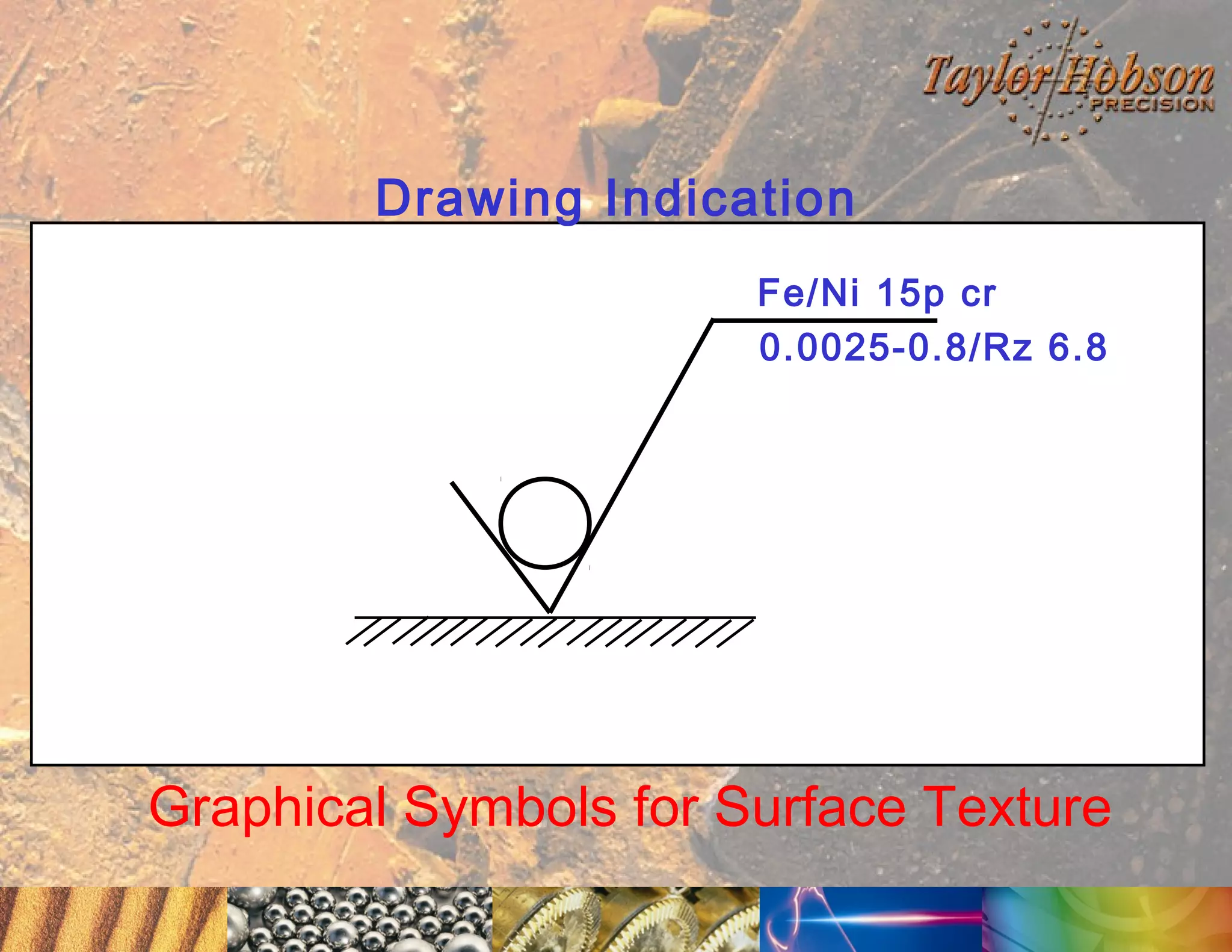 Drawing Indication
Fe/Ni 15p cr
0.0025-0.8/Rz 6.8

Graphical Symbols for Surface Texture

 