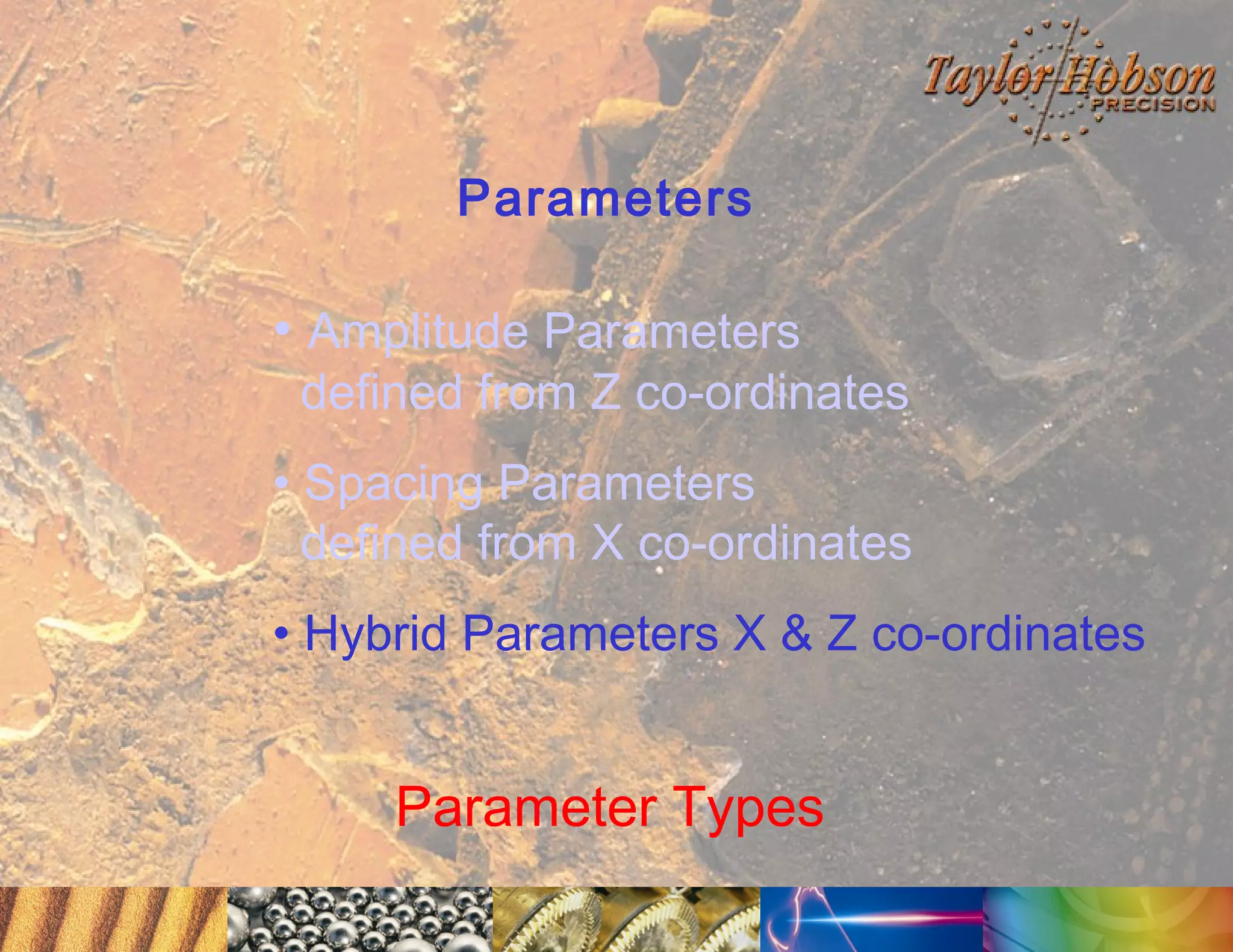 Parameters

• Amplitude Parameters

defined from Z co-ordinates

• Spacing Parameters
defined from X co-ordinates
• Hybrid Parameters X & Z co-ordinates

Parameter Types

 