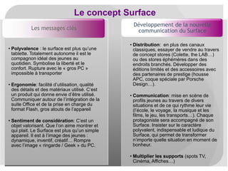 Le concept Surface
Les messages clés

• Polyvalence : le surface est plus qu’une
tablette. Totalement autonome il est le
compagnon idéal des jeunes au
quotidien. Symbolise la liberté et le
confort. Rupture avec le « gros PC »
impossible à transporter
• Ergonomie: facilité d’utilisation, qualité
des détails et des matériaux utilisé. C’est
un produit qui donne envie d’être utilisé.
Communiquer autour de l’intégration de la
suite Office et de la prise en charge du
format Flash, gros atouts de l’appareil
• Sentiment de considération: C’est un
objet valorisant. Que l’on aime montrer et
qui plait. Le Surface est plus qu’un simple
appareil. Il est à l’image des jeunes :
dynamique, inventif, créatif… Rompre
avec l’image « ringarde / Geek » du PC.

Développement de la nouvelle
communication du Surface
• Distribution: en plus des canaux
classiques, essayer de vendre au travers
de concept stores (Colette, the LAB…)
ou des stores éphémères dans des
endroits branchés. Développer des
éditions limités et des accessoires avec
des partenaires de prestige (housse
APC, coque spéciale par Porsche
Design…).
• Communication: mise en scène de
profils jeunes au travers de divers
situations et de ce qui rythme leur vie
(l’école, le voyage, la musique et les
films, le jeu, les transports…). Chaque
protagoniste sera accompagné de son
Surface. Insister sur le caractère
polyvalent, indispensable et ludique du
Surface, qui permet de transformer
n’importe quelle situation en moment de
bonheur.
• Multiplier les supports (spots TV,
Cinéma, Affiches…)

 