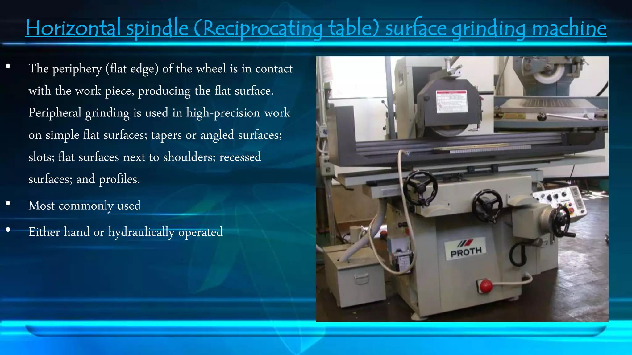 Horizontal spindle (Reciprocating table) surface grinding machine 
&bull; The periphery (flat edge) of the wheel is in contact 
with the work piece, producing the flat surface. 
Peripheral grinding is used in high-precision work 
on simple flat surfaces; tapers or angled surfaces; 
slots; flat surfaces next to shoulders; recessed 
surfaces; and profiles. 
&bull; Most commonly used 
&bull; Either hand or hydraulically operated 
 