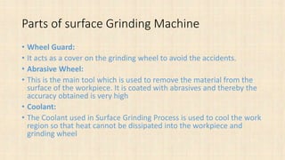 Parts of surface Grinding Machine
• Wheel Guard:
• It acts as a cover on the grinding wheel to avoid the accidents.
• Abrasive Wheel:
• This is the main tool which is used to remove the material from the
surface of the workpiece. It is coated with abrasives and thereby the
accuracy obtained is very high
• Coolant:
• The Coolant used in Surface Grinding Process is used to cool the work
region so that heat cannot be dissipated into the workpiece and
grinding wheel
 