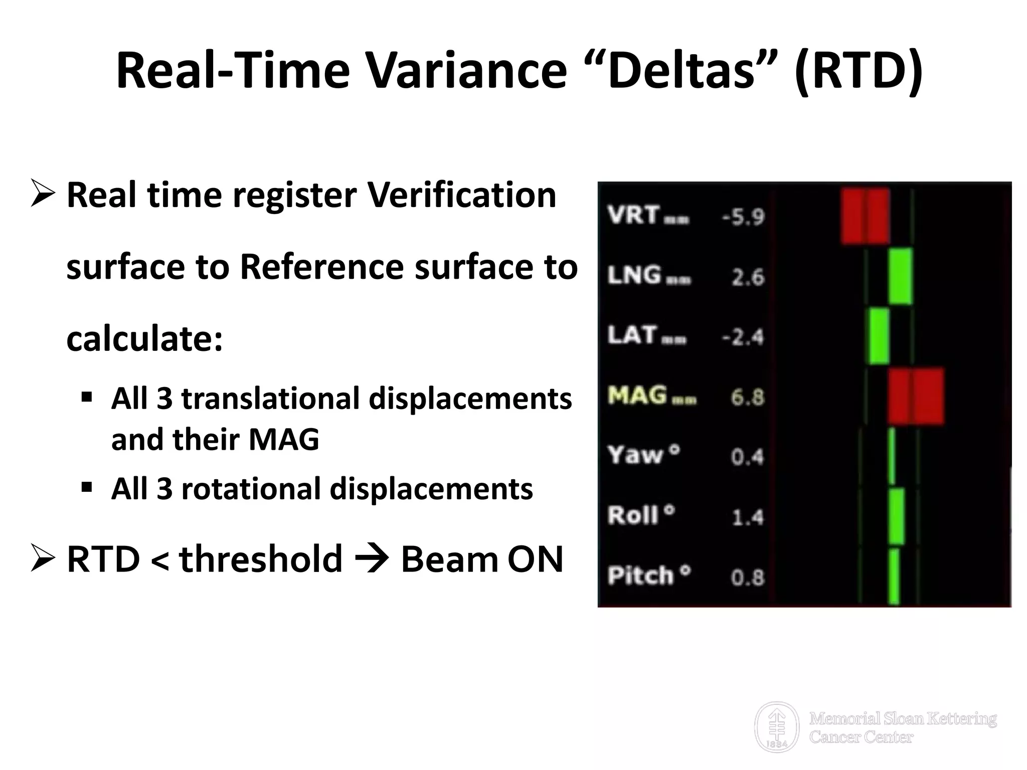 Real-Time Variance “Deltas” (RTD)
5
 Real time register Verification
surface to Reference surface to
calculate:
 All 3 translational displacements
and their MAG
 All 3 rotational displacements
 RTD < threshold  Beam ON
 