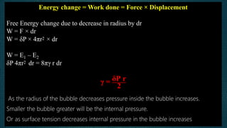 Energy change = Work done = Force × Displacement
Free Energy change due to decrease in radius by dr
W = F × dr
W = δP × 4πr2 × dr
W = E1 – E2
δP 4πr2 dr = 8πγ r dr
γ = δP r
2
As the radius of the bubble decreases pressure inside the bubble increases.
Smaller the bubble greater will be the internal pressure.
Or as surface tension decreases internal pressure in the bubble increases
 