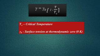 γ = γ0 [ 1 -
𝑇
𝑇 𝑐
]
𝑻 𝒄 – Critical Temperature
γ0 - Surface tension at thermodynamic zero (0 K)
 