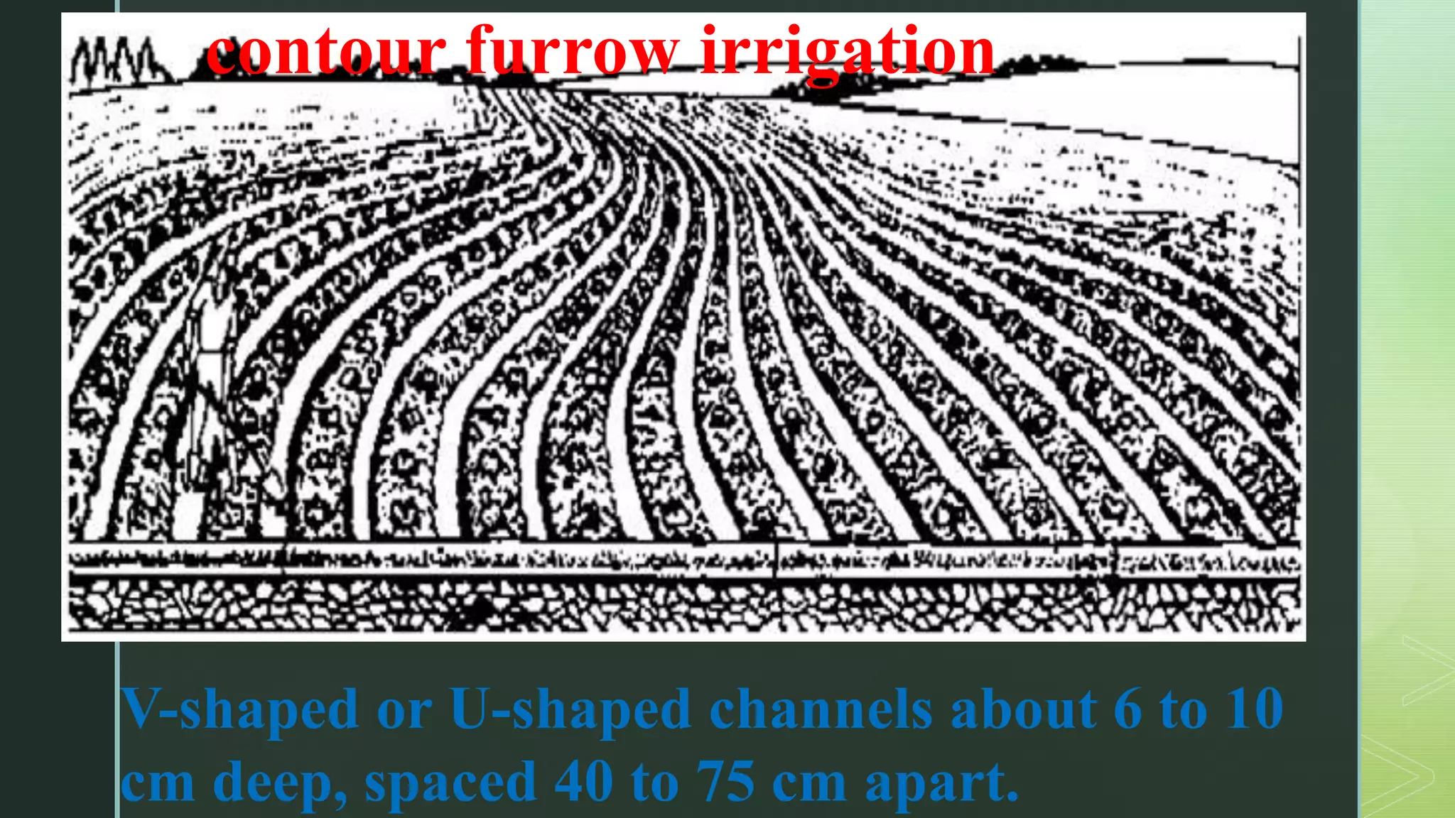 z
V-shaped or U-shaped channels about 6 to 10
cm deep, spaced 40 to 75 cm apart.
contour furrow irrigation
 