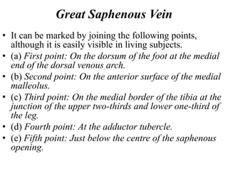 Great Saphenous Vein
• It can be marked by joining the following points,
although it is easily visible in living subjects.
• (a) First point: On the dorsum of the foot at the medial
end of the dorsal venous arch.
• (b) Second point: On the anterior surface of the medial
malleolus.
• (c) Third point: On the medial border of the tibia at the
junction of the upper two-thirds and lower one-third of
the leg.
• (d) Fourth point: At the adductor tubercle.
• (e) Fifth point: Just below the centre of the saphenous
opening.
 