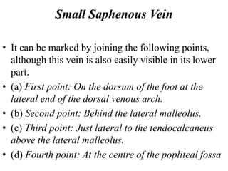 Small Saphenous Vein
• It can be marked by joining the following points,
although this vein is also easily visible in its lower
part.
• (a) First point: On the dorsum of the foot at the
lateral end of the dorsal venous arch.
• (b) Second point: Behind the lateral malleolus.
• (c) Third point: Just lateral to the tendocalcaneus
above the lateral malleolus.
• (d) Fourth point: At the centre of the popliteal fossa
 