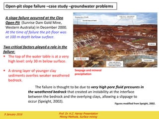 A surface intercept of pit wall if
roads are included.
B surface intercept of pit wall if
roads are not included
Average pit slope angle
Slope angle
between roads
Original ground surface
2 February 2016 Prof. Dr. H.Z. Harraz Presentation
Mining Methods, Surface mining
Fig.6: Vertical section through a pit wall
• Quarries in strong rock can sustain about 80
to 85 degree toe to crest slopes.
• Geology determines limits but about 58 to
72 degrees is a common range for toe to
crest in open pit metal.
• Over-all slopes often more conservative
 Frequently less than 45 degrees
 Cannanea Mexico is nearly 60
 