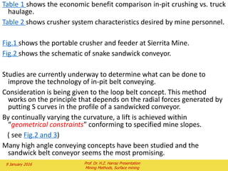 3.1) The management of pit optimization
The first thing to realize is that any feasible pit outline has a dollar
value which can, in theory, be calculated. To calculate the dollar value
we must decide on a mining sequence and then conceptually，mine
out the pit, progressively accumulating the revenues and costs as we
go.
• The second thing to realize is that in doing this calculation we have,
in effect, allocated a value to every cubic meter or to every block of
rock.
• Current computer optimization techniques attempt to find the feasible
pit outline which has the maximum total dollar value.
2 February 2016 Prof. Dr. H.Z. Harraz Presentation
Mining Methods, Surface mining
 