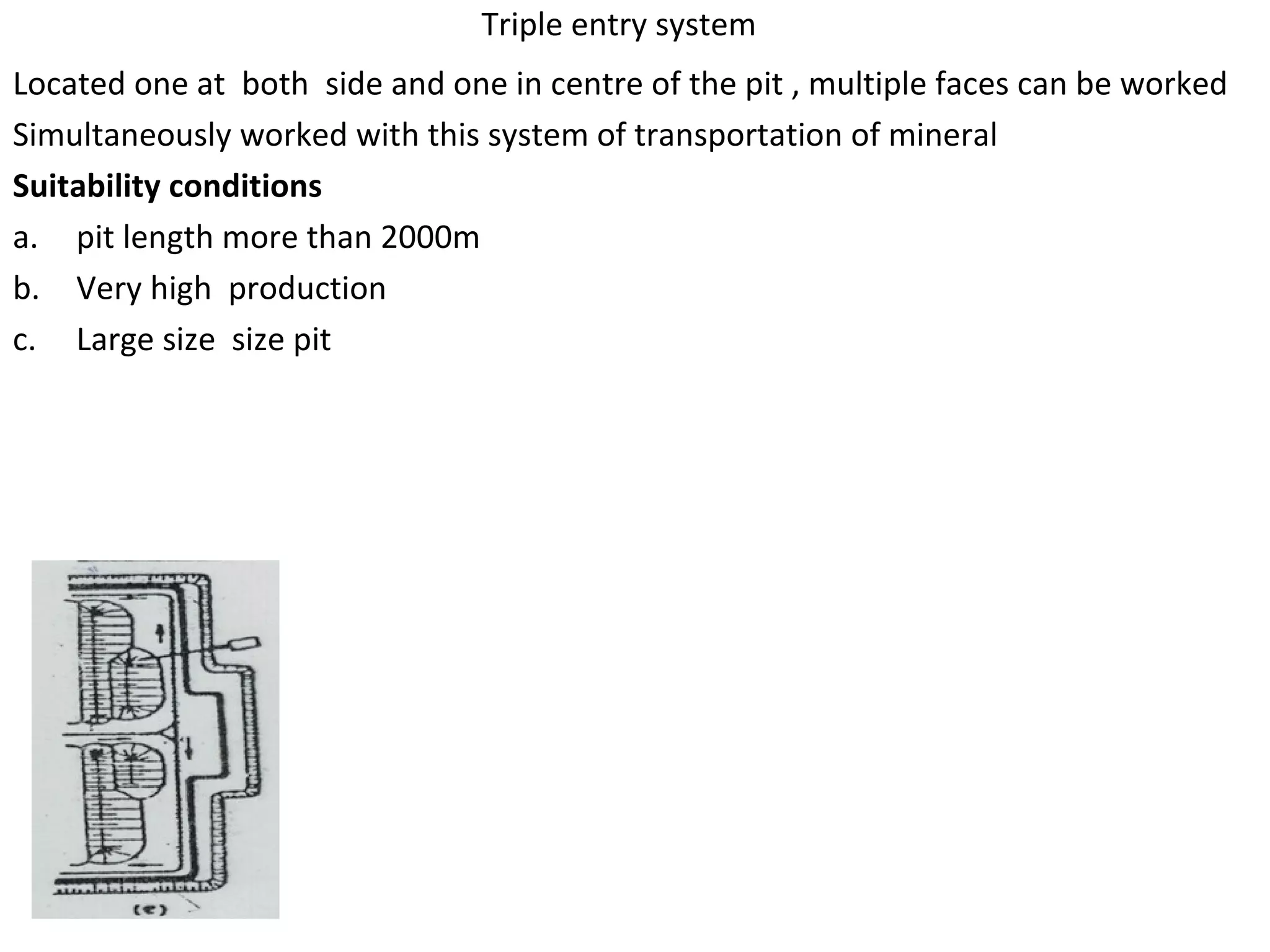 Triple entry system
Located one at both side and one in centre of the pit , multiple faces can be worked
Simultaneously worked with this system of transportation of mineral
Suitability conditions
a. pit length more than 2000m
b. Very high production
c. Large size size pit
 