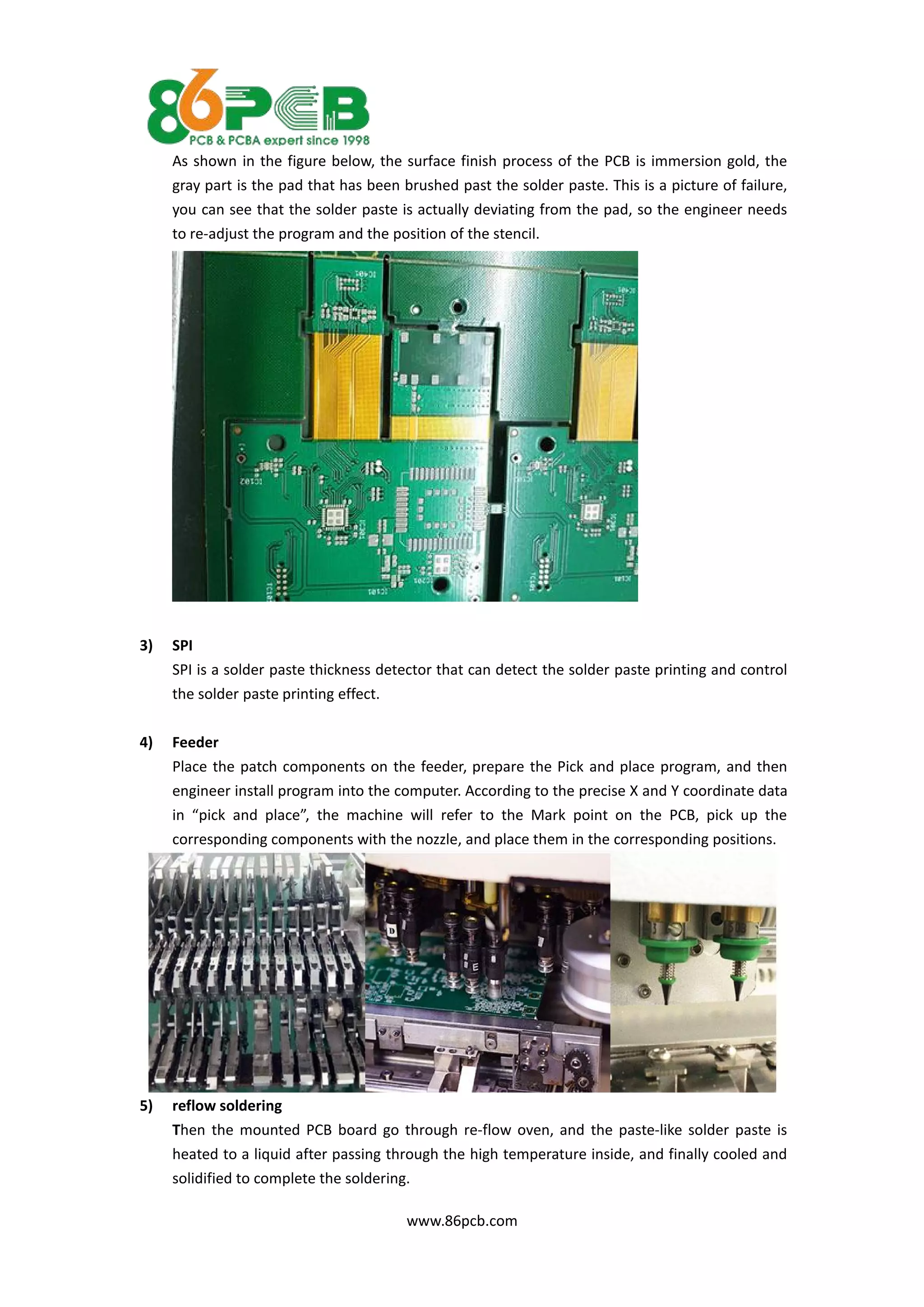 www.86pcb.com
As shown in the figure below, the surface finish process of the PCB is immersion gold, the
gray part is the pad that has been brushed past the solder paste. This is a picture of failure,
you can see that the solder paste is actually deviating from the pad, so the engineer needs
to re-adjust the program and the position of the stencil.
3) SPI
SPI is a solder paste thickness detector that can detect the solder paste printing and control
the solder paste printing effect.
4) Feeder
Place the patch components on the feeder, prepare the Pick and place program, and then
engineer install program into the computer. According to the precise X and Y coordinate data
in “pick and place”, the machine will refer to the Mark point on the PCB, pick up the
corresponding components with the nozzle, and place them in the corresponding positions.
5) reflow soldering
Then the mounted PCB board go through re-flow oven, and the paste-like solder paste is
heated to a liquid after passing through the high temperature inside, and finally cooled and
solidified to complete the soldering.
 