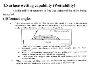 1.Surface wetting capability (Wettability)
It is the ability of penetrant to free wet surface of the object being
inspected.
(i)Contact angle:
 